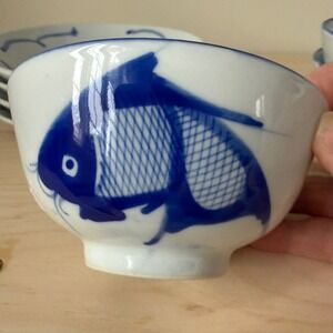 Vintage Chinese Porcelain Blue Fish Bowl & Plate Set of 4 Made in China